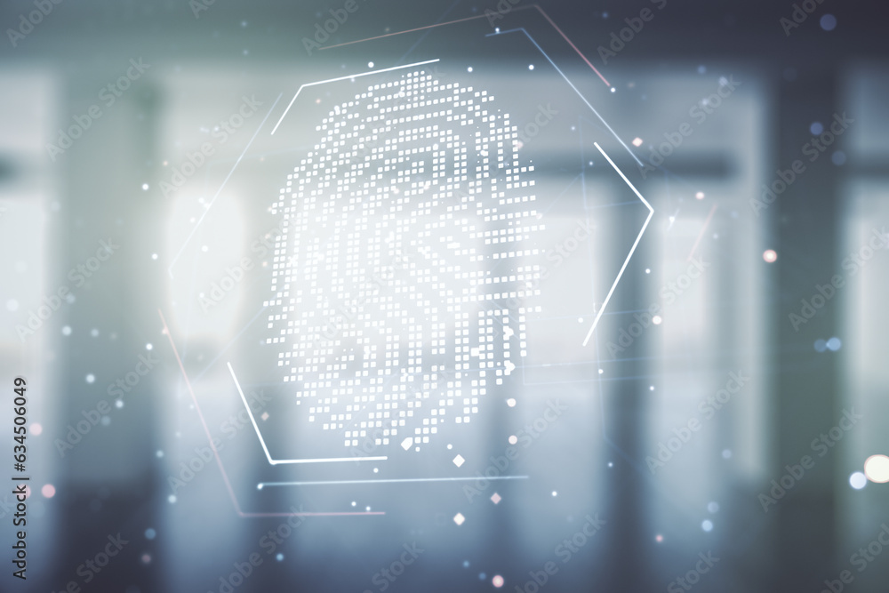Poster abstract virtual fingerprint hologram on empty corporate office background. multiexposure
