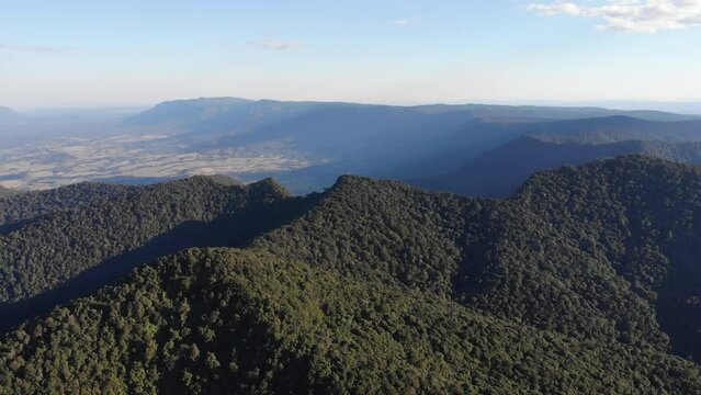aerial drone panorama of green mountains in lamington national park near gold coast, queensland, australia; flying above ancient gondwana rainforest during sunset