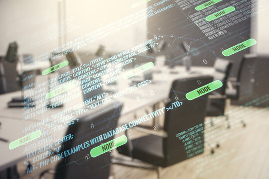 Multi exposure of abstract creative coding sketch on a modern furnished office background, artificial intelligence and neural networks concept