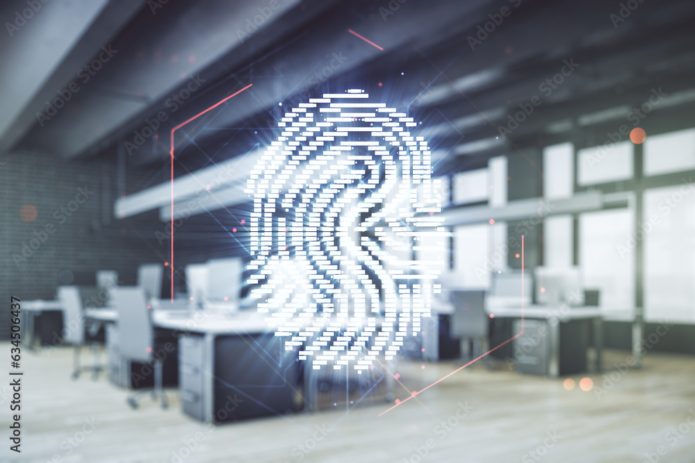 Leinwandbilder multi exposure of virtual graphic fingerprint sketch on a modern furnished classroom background, fin