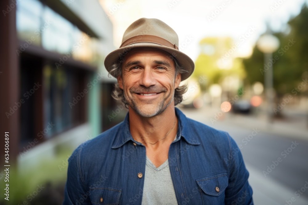 Wall mural Portrait of a handsome middle-aged man in hat standing outside