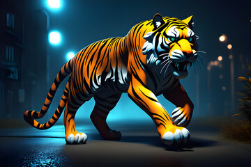 The tiger walking in the city. Generative AI