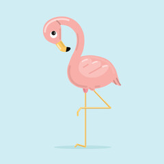 Fototapeta premium Elegant flamingo bird isolated on white background. Vector illustration in kawaii cartoon style.