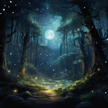 A digital illustration showcasing a mystical forest bathed in moonlight. Artist: Sarah Johnson. Description: The moon's soft glow casts an enchanting light on an ancient forest. Wisps of mist cling