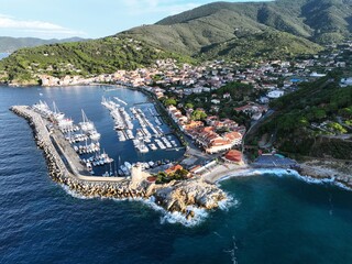 Aerial view of the village of Marciana Marina, Elba island, Livorno, Italy