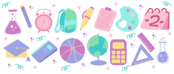 Set of school supply vector illustration. Hand drawn style illustration. Back to school 