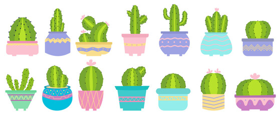 Vector hand drawn cactus and succulents set. Cute green cactus in flower pots illustration 