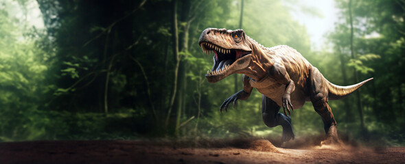 Tyrannosaurus Rex Dinosaur, Roaring T-Rex: Majestic Dino in Full Stride Through the Jungle, Teeth Bared