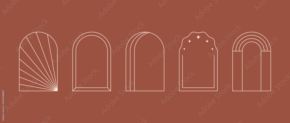 Poster boho style linear arc frame collection. bohemian decorative ornamental border set for badge, logo, c