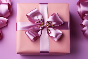 gift box in pink packaging with a satin ribbon on a feminine background