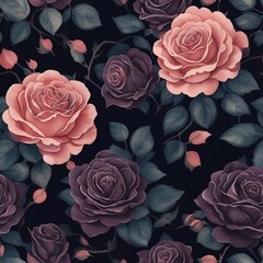Purple Dark Roses pattern. Watercolor floral pattern.