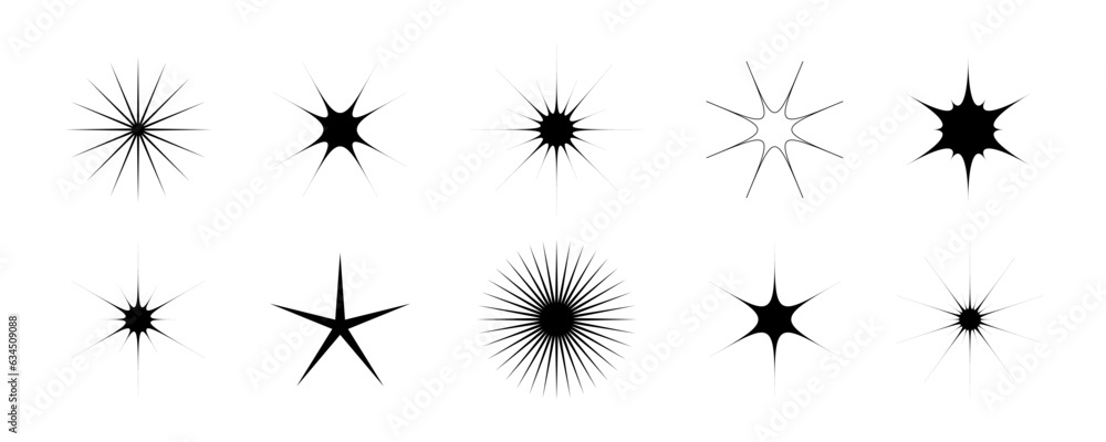 Aufkleber black stars and twinkles set. retro bling collection. abstract simple starburst shine effect pack. d