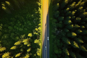 Aerial view road going through forest with car