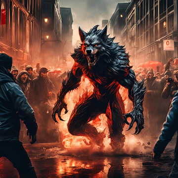 Warewolf transforming on the street while panic crowd watches.