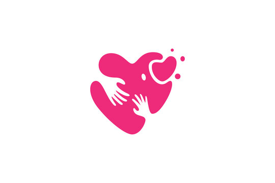 Love and care logo design with heart and two hands drawing concept