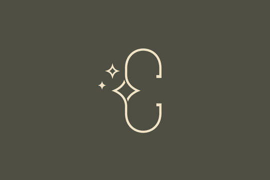 Letter C line art logo vector illustration with sparkling stars