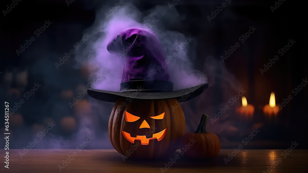 Wall mural Halloween pumpkins with neon glowing eyes and witches hat, isolated on dark toned smoke foggy background. Scary Jack-o-lantern halloween pumpkin. Generative AI