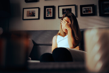 Unhappy Woman Feeling Desperate and Heartbroken. Stressed girl suffering a migraine acting...