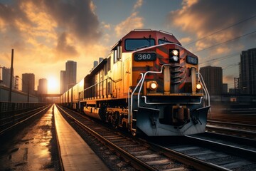Fototapeta premium Freight Train Passing Through a City, Generative AI