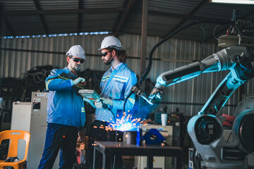 factory engineers using smart control to control the arm robot machine for cutting the metal sheet....