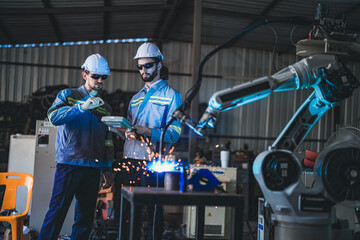 factory engineers using smart control to control the arm robot machine for cutting the metal sheet....