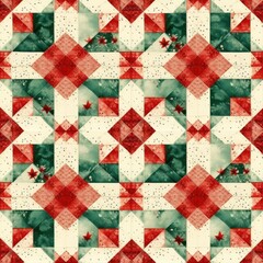 Christmas quilt seamless, repeating background, in red, off-white and green colors