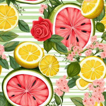 Summer Fruit Seamless Pattern With Watermelons And Limes On Green And White Stripes