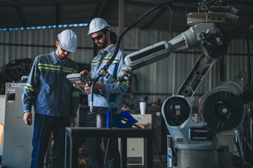 factory engineers using smart control to control the arm robot machine for cutting the metal sheet....