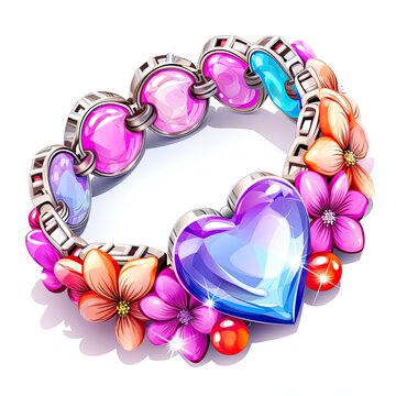 Colorful charm bracelet with hearts and flowers. Fake crystals, jewelry for a child. Isolated on white background