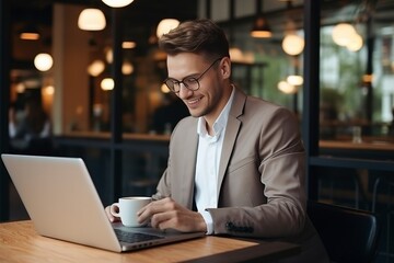 Fototapeta premium Generative AI : Cheerful millennial caucasian man in suit typing on computer, calls by smartphone at workplace