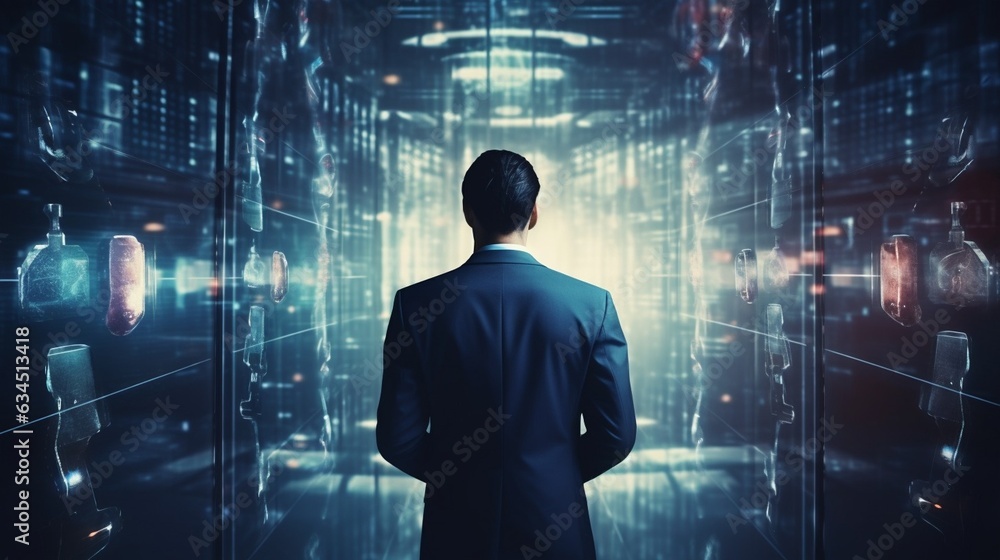 Aufkleber Generative AI : Businessman secures data with encryption and network security