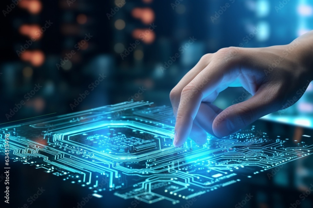 Poster Generative AI : Artificial intelligence AI circuit board in shape electronic PCB circuit icon symbol on businessman hand finger touching with cyberpunk