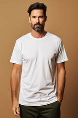 Mock-up of a white t-shirt for designing. Studio shot against a brown background
