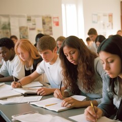 Fototapeta premium a university high school group of students studying in the classroom. writing and learning on the desk. having an exam test. Generative AI