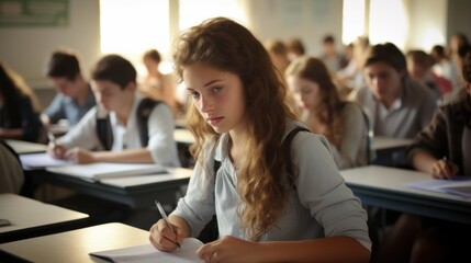 a university high school group of students studying in the classroom. writing and learning on the desk. having an exam test. Generative AI