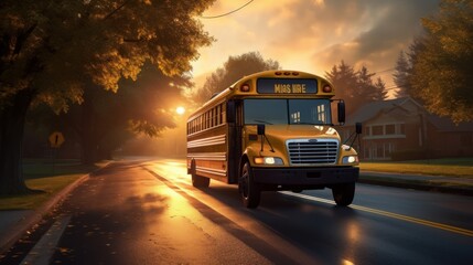 a yellow american schoolbus driving and taking kids to school early in the morning. back to school. Generative AI
