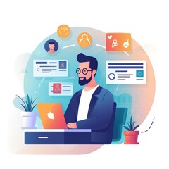 Fototapeta premium Flat illustration of a man working on a laptop with financial and technological elements.