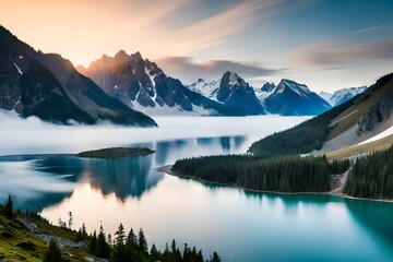 lake in mountains at morning