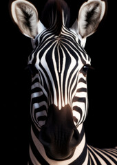 Fototapeta na wymiar Animal portrait of a zebra on a black background conceptual for frame
