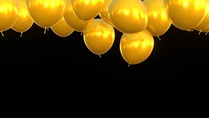 3d render of golden balloons flying upwards, birthday or holiday celebration concept. Video with alpha channel