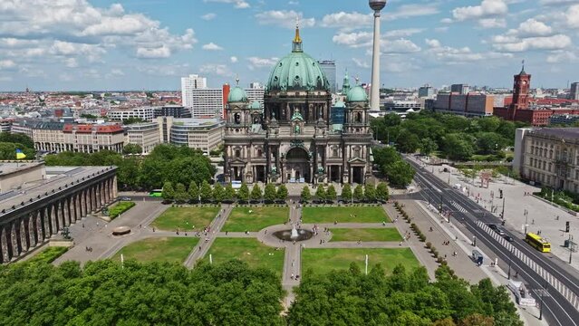 Aerial Drone shot of Berlin Cathedral (Berliner Dom) on the Museum Island on spree river in the historic centre of Berlin , Germany