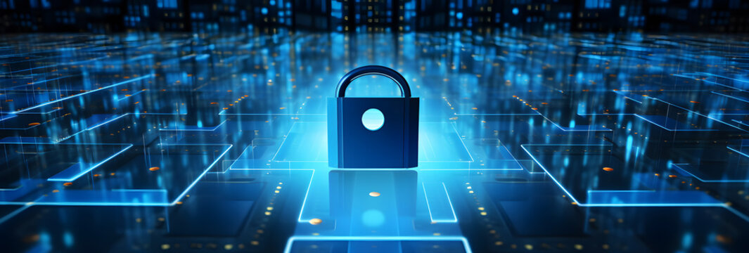 Lock on circuit pattern. Concept of data security and cybersecurity