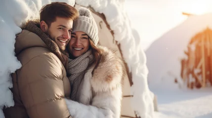 Foto op Aluminium Winter Adventure Honeymoon: Happy Newly Married Couple Enjoying Romance in Front of a Cozy Cabin - Generative AI © Gejsi