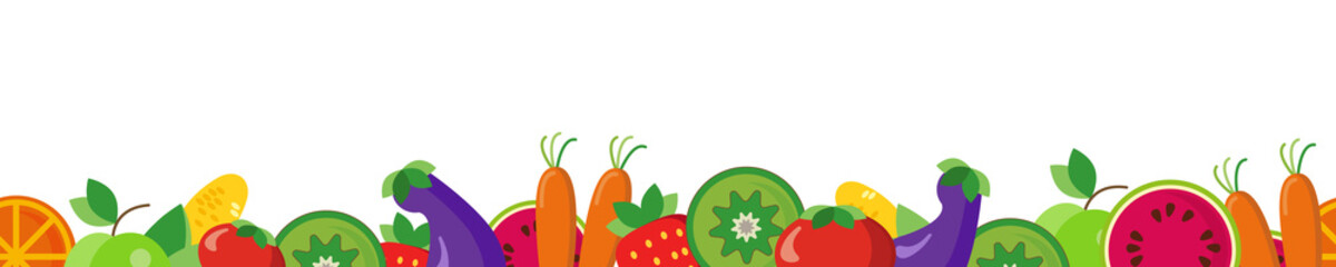 Fruit seamless pattern with horizontal border. Colorful sweet, bright design.