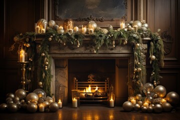 tinsel draped gracefully across a fireplace mantel fireplace with christmas decorations