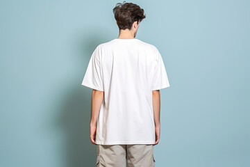 Back view of a man in a baggy white t-shirt isolated. Mockup concept. - obrazy, fototapety, plakaty