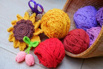 Balls of wool in various colors, on white background