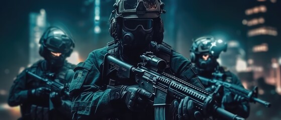 Obraz na płótnie Canvas special forces soldier polices group with high technology gun and weapon working in night city, Generative AI