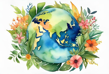 watercolor artwork of earth surrounded by flowers and plants - environmental / eco / peaceful