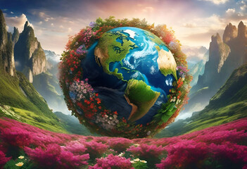 a detailed eco / environmental artwork of planet earth surrounded by plants, flowers and nature.  - obrazy, fototapety, plakaty